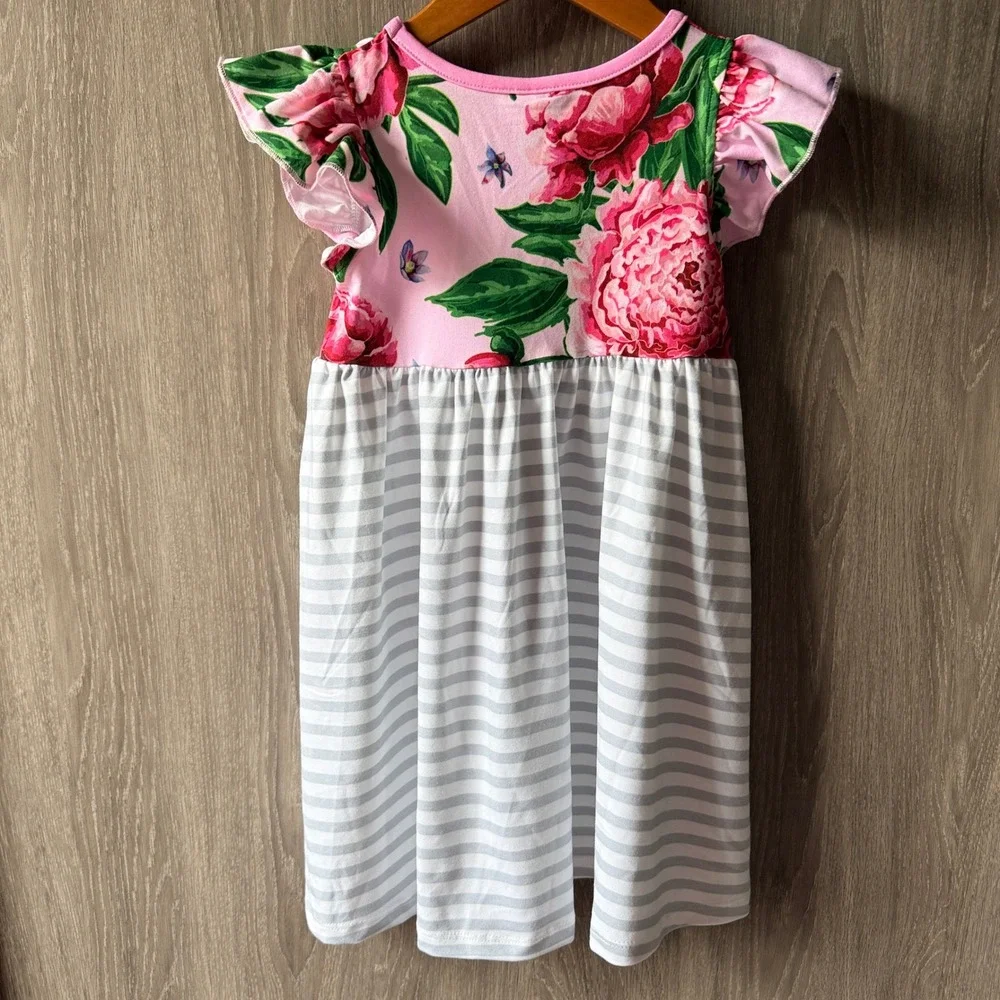 Penelope Plumm Llama Floral Striped Dress Girls 4 Pink Grey Flutter Sleeve NWT